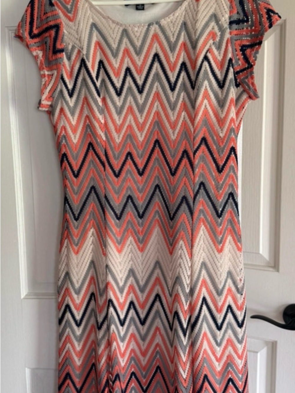 Sharagano Coral, Navy and Cream Chevron Midi Dress